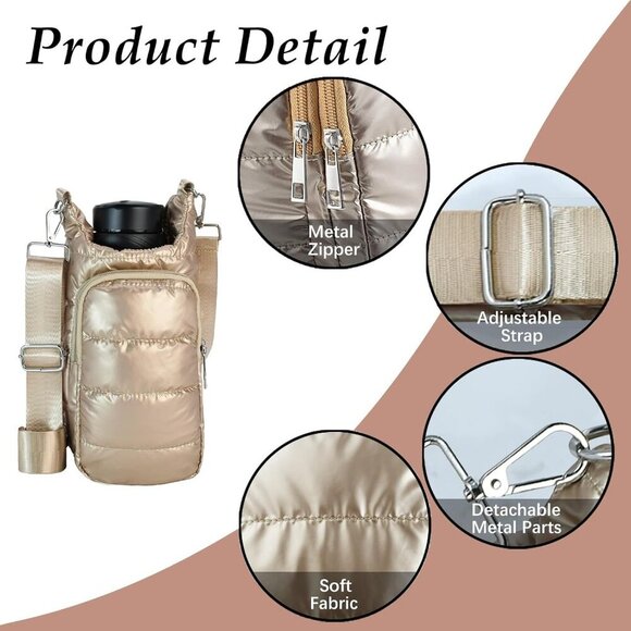 Puffer Water Bottle Holder Quilted Sports Pouch with Adjustable Strap - Picture 3 of 6